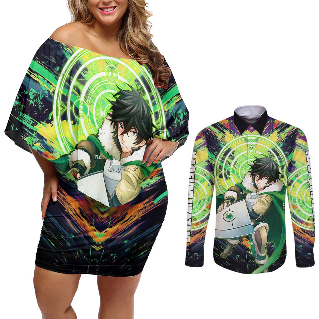 Naofumi The Rising of the Shield Hero Couples Matching Off Shoulder Short Dress and Long Sleeve Button Shirt with Dynamic Combat Pose and Energy Circles - The Mazicc