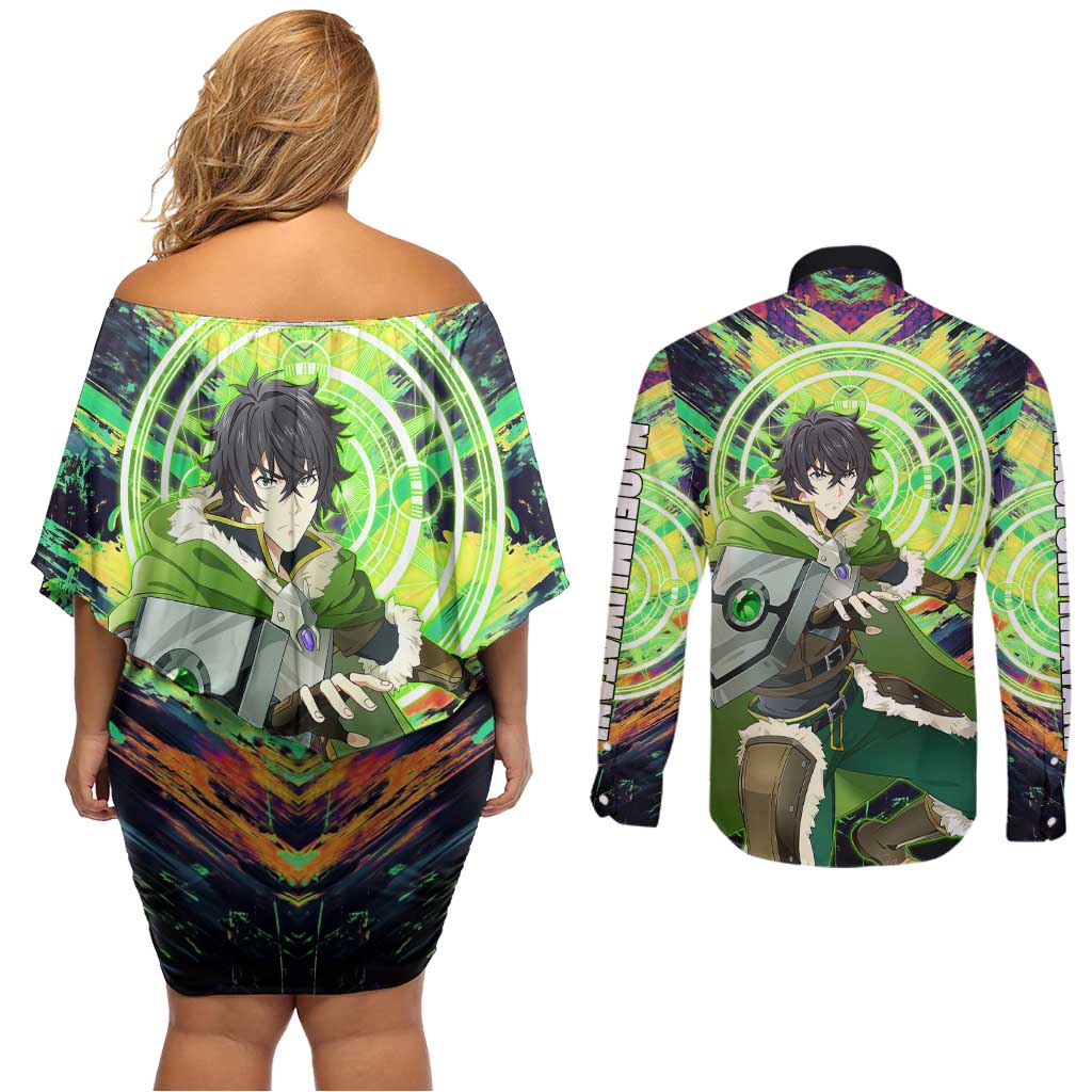 Naofumi The Rising of the Shield Hero Couples Matching Off Shoulder Short Dress and Long Sleeve Button Shirt with Dynamic Combat Pose and Energy Circles - The Mazicc