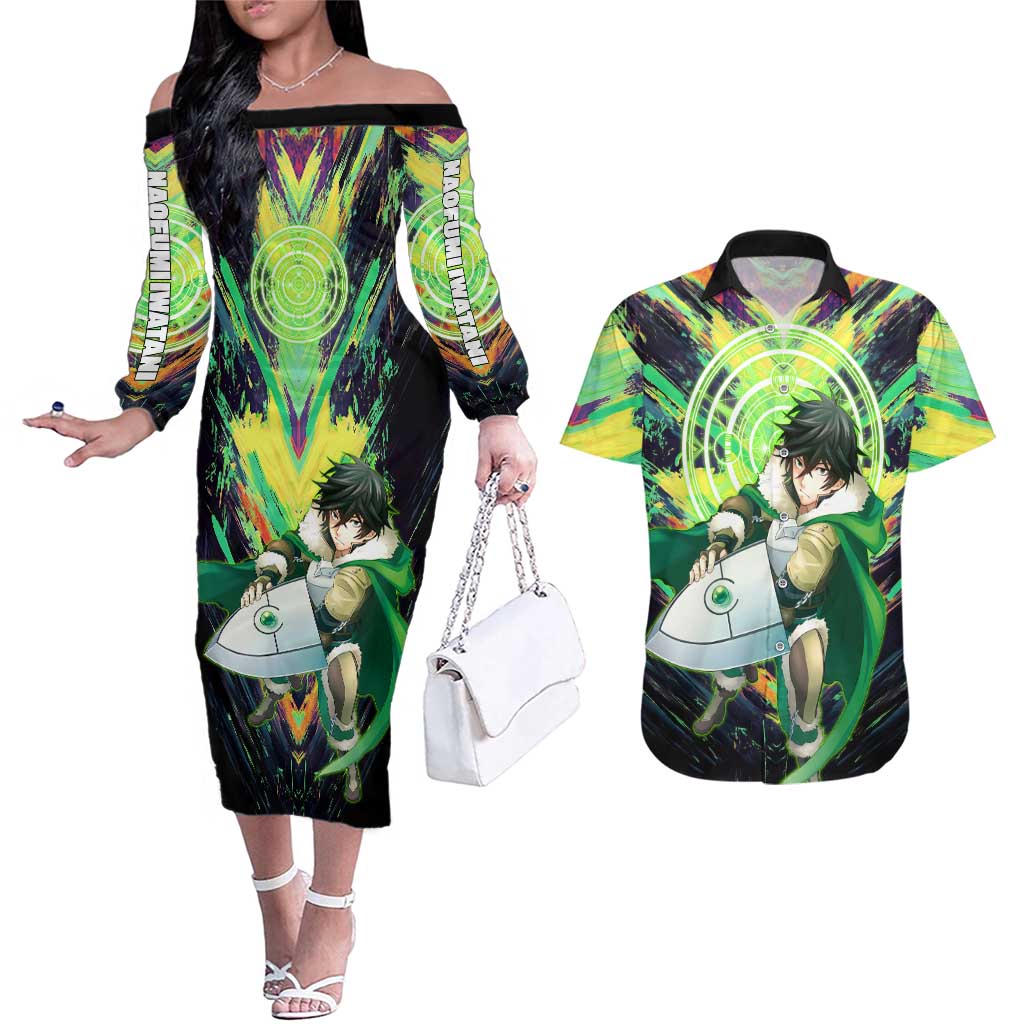 Naofumi The Rising of the Shield Hero Couples Matching Off The Shoulder Long Sleeve Dress and Hawaiian Shirt with Dynamic Combat Pose and Energy Circles - The Mazicc