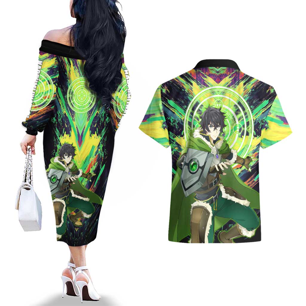 Naofumi The Rising of the Shield Hero Couples Matching Off The Shoulder Long Sleeve Dress and Hawaiian Shirt with Dynamic Combat Pose and Energy Circles - The Mazicc