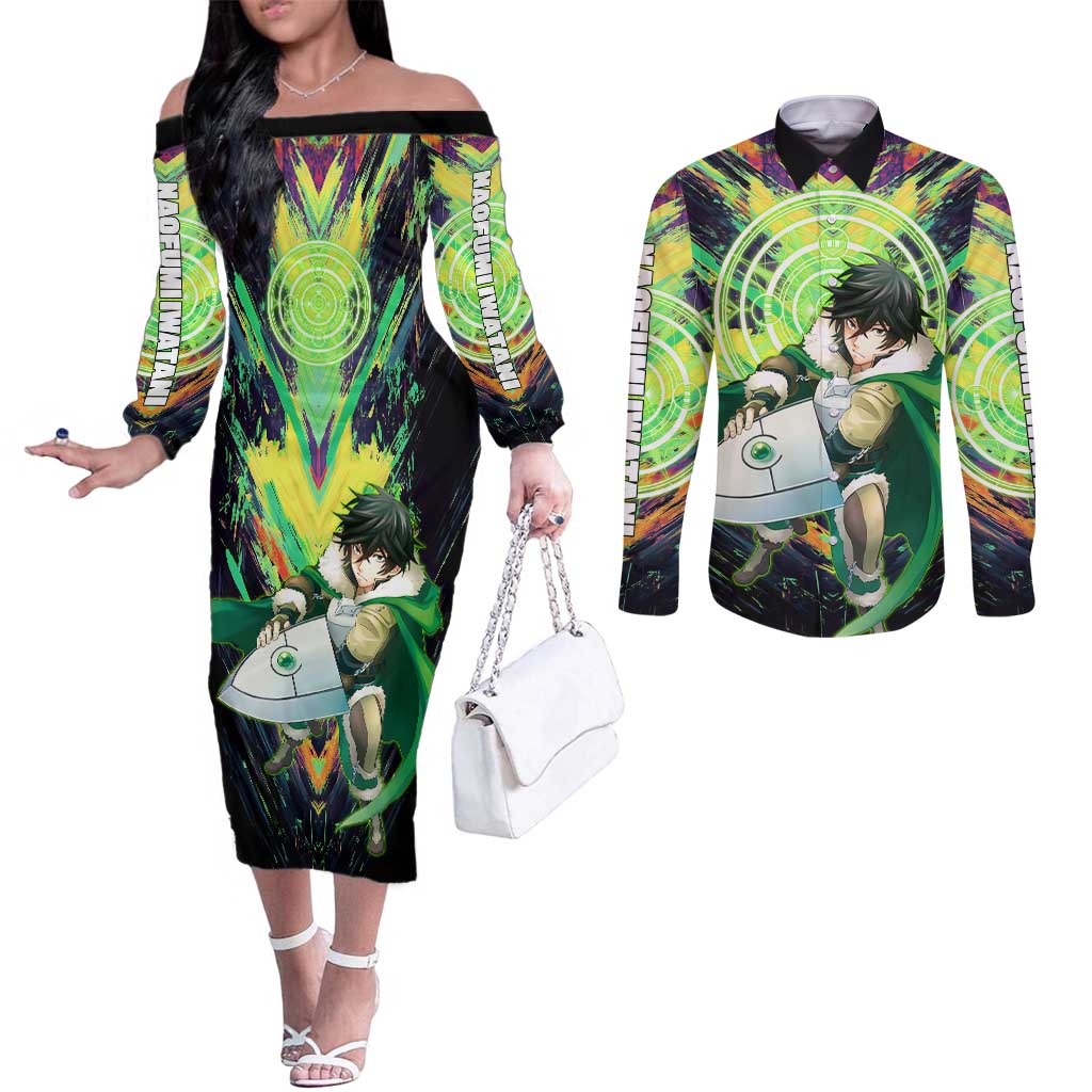 Naofumi The Rising of the Shield Hero Couples Matching Off The Shoulder Long Sleeve Dress and Long Sleeve Button Shirt with Dynamic Combat Pose and Energy Circles - The Mazicc