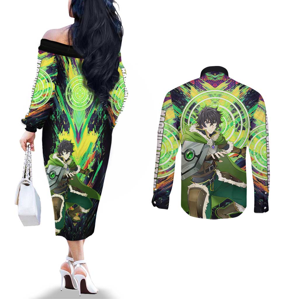 Naofumi The Rising of the Shield Hero Couples Matching Off The Shoulder Long Sleeve Dress and Long Sleeve Button Shirt with Dynamic Combat Pose and Energy Circles - The Mazicc