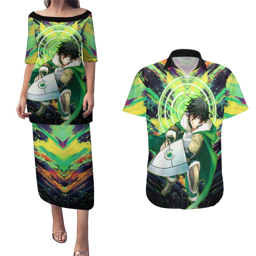 Naofumi The Rising of the Shield Hero Couples Matching Puletasi and Hawaiian Shirt with Dynamic Combat Pose and Energy Circles - The Mazicc