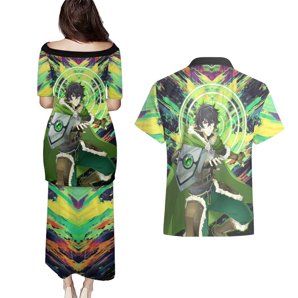 Naofumi The Rising of the Shield Hero Couples Matching Puletasi and Hawaiian Shirt with Dynamic Combat Pose and Energy Circles - The Mazicc