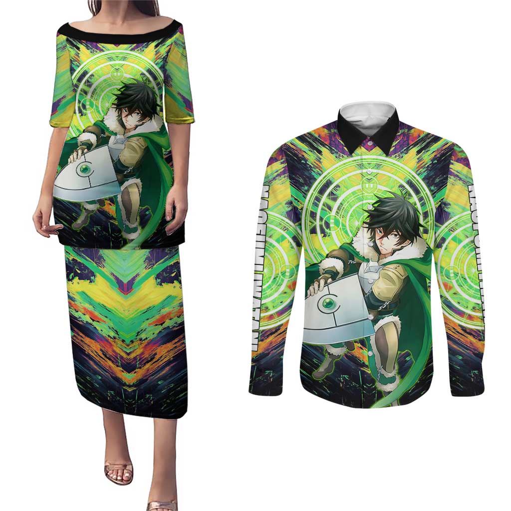 Naofumi The Rising of the Shield Hero Couples Matching Puletasi and Long Sleeve Button Shirt with Dynamic Combat Pose and Energy Circles - The Mazicc