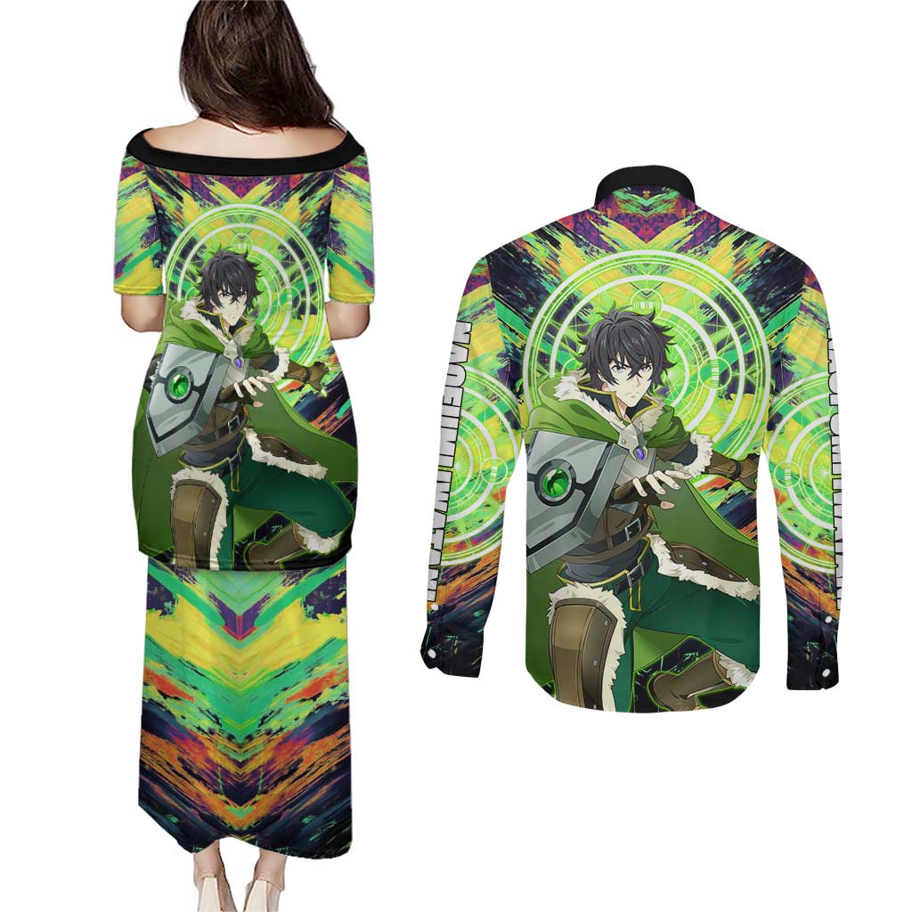 Naofumi The Rising of the Shield Hero Couples Matching Puletasi and Long Sleeve Button Shirt with Dynamic Combat Pose and Energy Circles - The Mazicc
