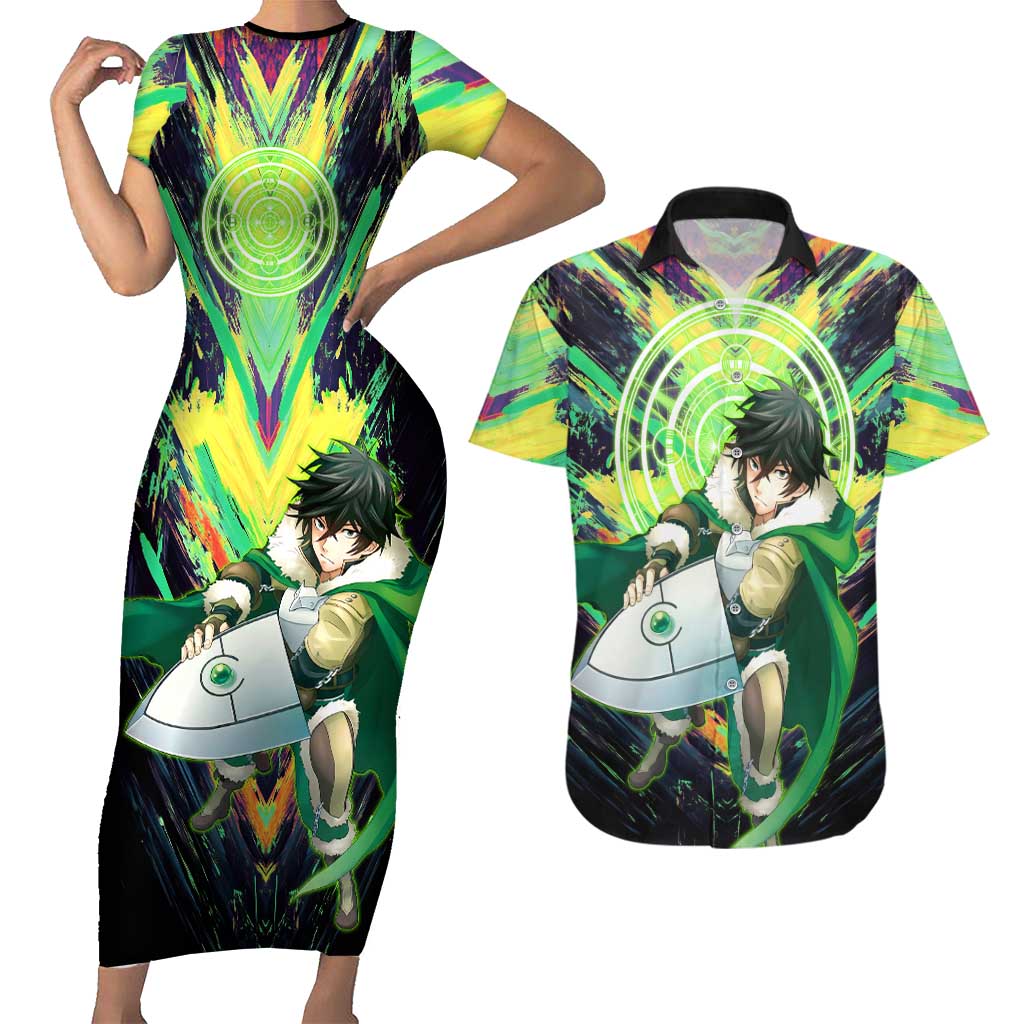 Naofumi The Rising of the Shield Hero Couples Matching Short Sleeve Bodycon Dress and Hawaiian Shirt with Dynamic Combat Pose and Energy Circles - The Mazicc