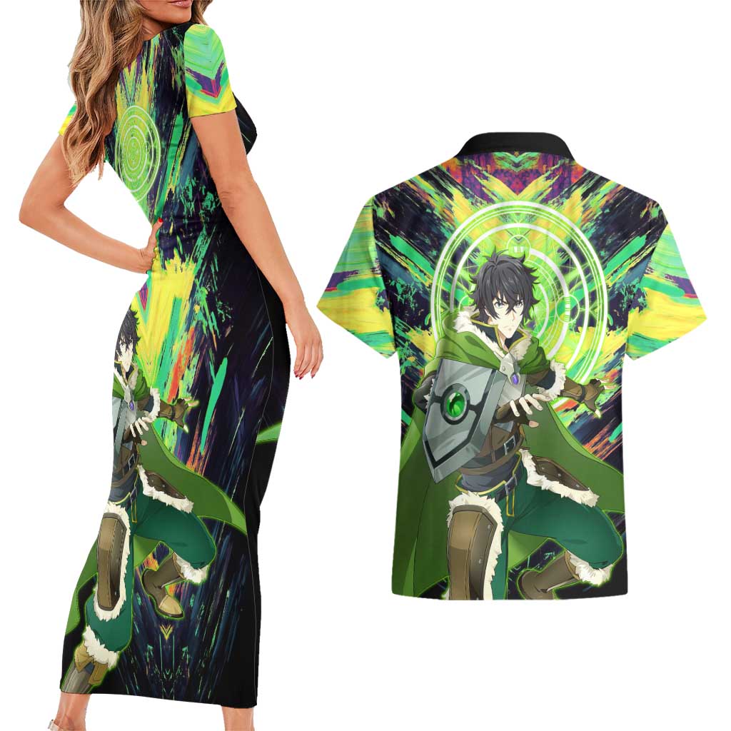 Naofumi The Rising of the Shield Hero Couples Matching Short Sleeve Bodycon Dress and Hawaiian Shirt with Dynamic Combat Pose and Energy Circles - The Mazicc