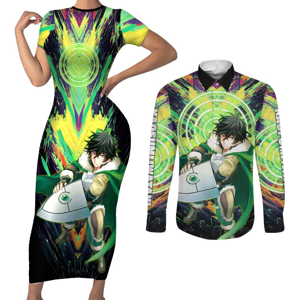 Naofumi The Rising of the Shield Hero Couples Matching Short Sleeve Bodycon Dress and Long Sleeve Button Shirt with Dynamic Combat Pose and Energy Circles - The Mazicc