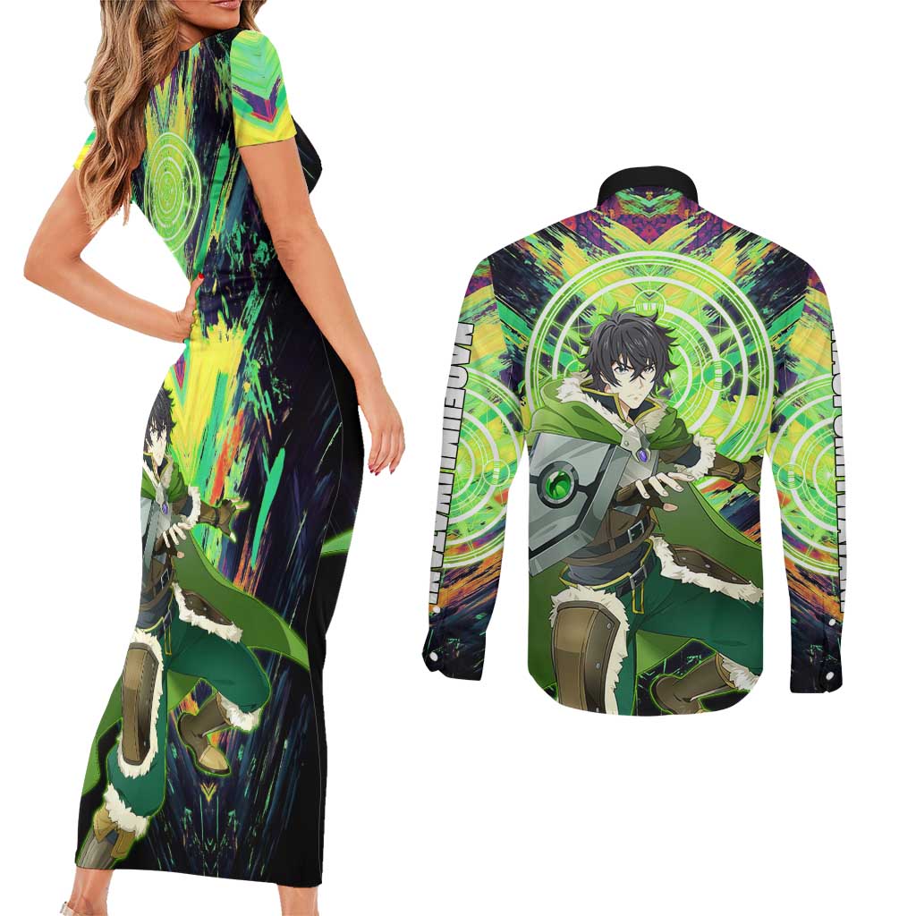 Naofumi The Rising of the Shield Hero Couples Matching Short Sleeve Bodycon Dress and Long Sleeve Button Shirt with Dynamic Combat Pose and Energy Circles - The Mazicc