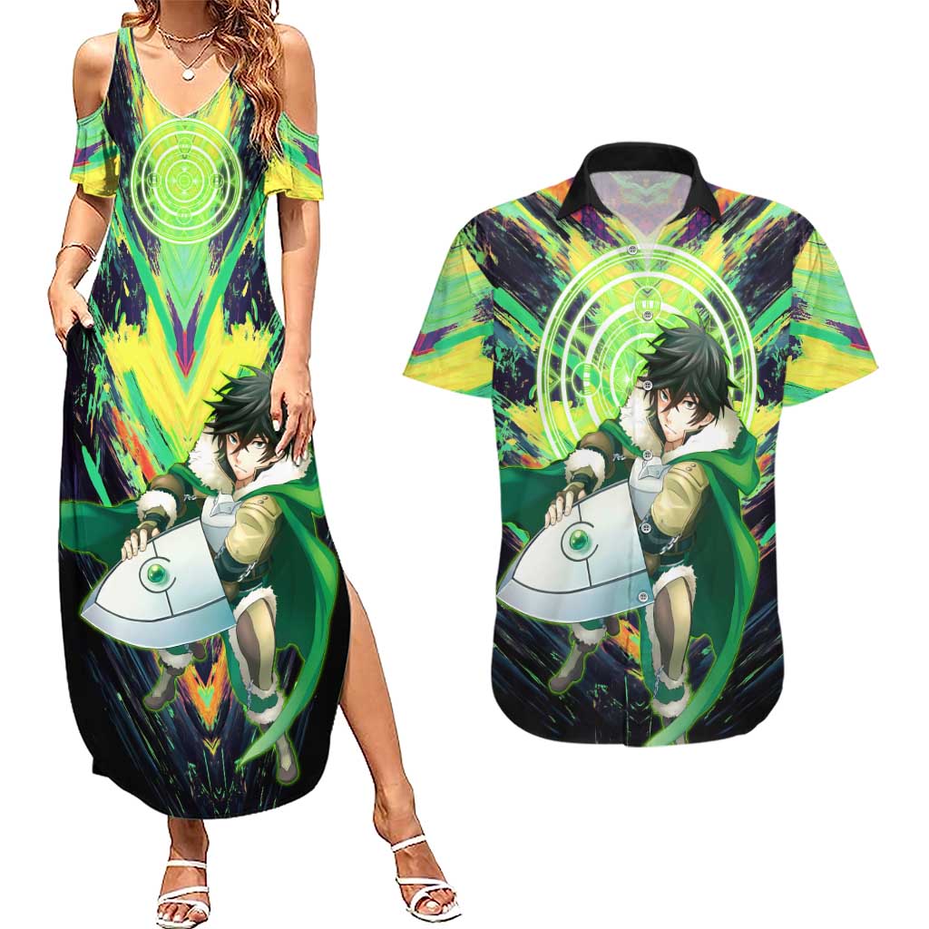 Naofumi The Rising of the Shield Hero Couples Matching Summer Maxi Dress and Hawaiian Shirt with Dynamic Combat Pose and Energy Circles - The Mazicc
