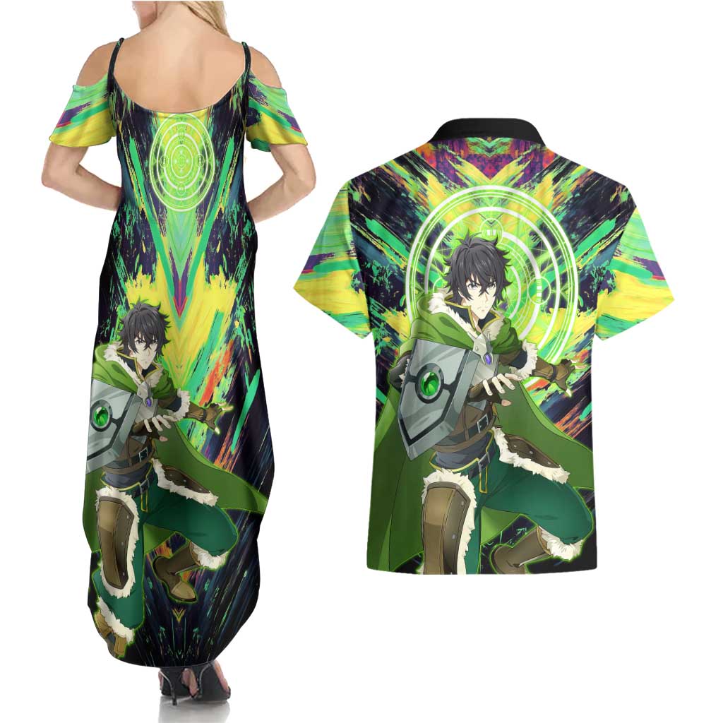 Naofumi The Rising of the Shield Hero Couples Matching Summer Maxi Dress and Hawaiian Shirt with Dynamic Combat Pose and Energy Circles - The Mazicc