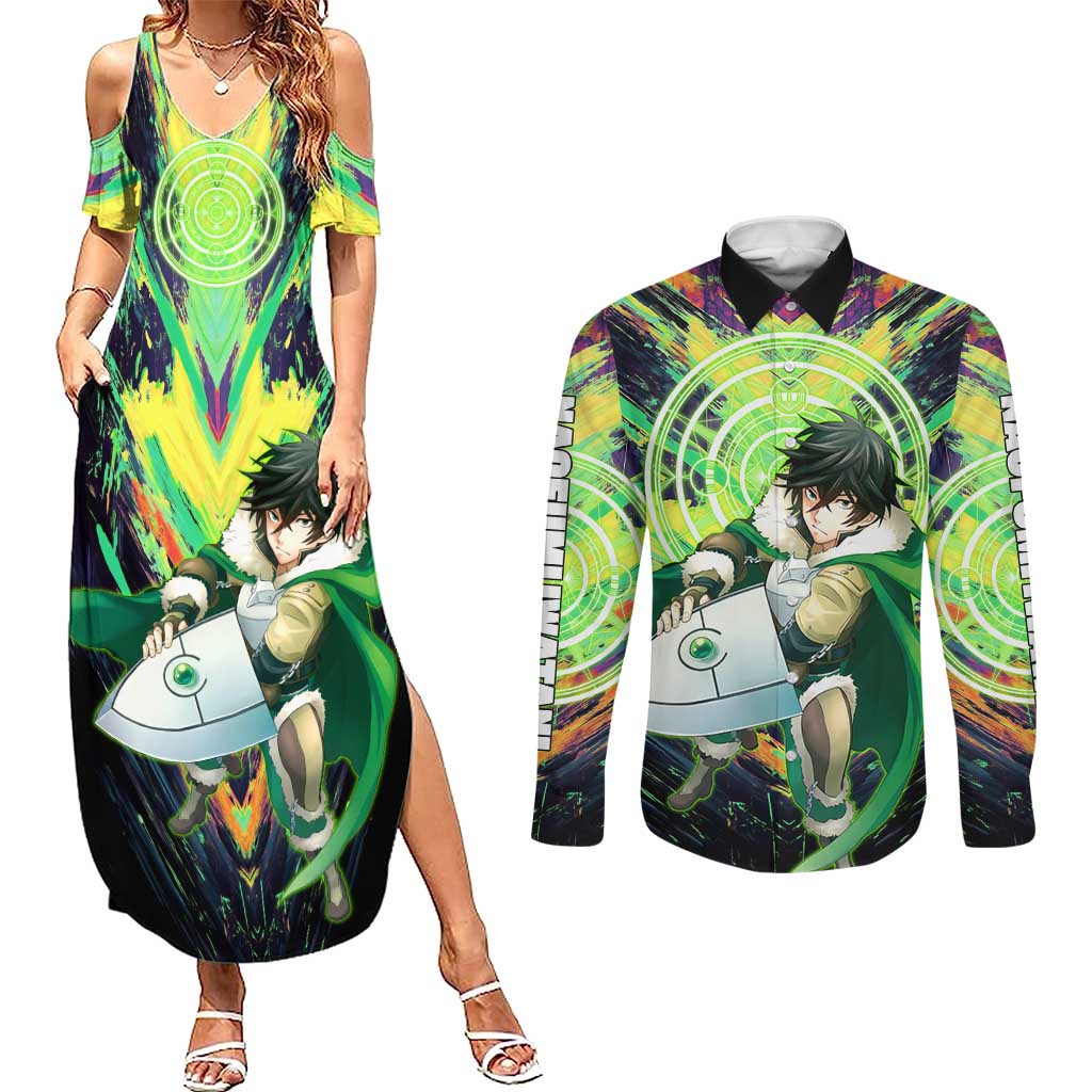 Naofumi The Rising of the Shield Hero Couples Matching Summer Maxi Dress and Long Sleeve Button Shirt with Dynamic Combat Pose and Energy Circles - The Mazicc