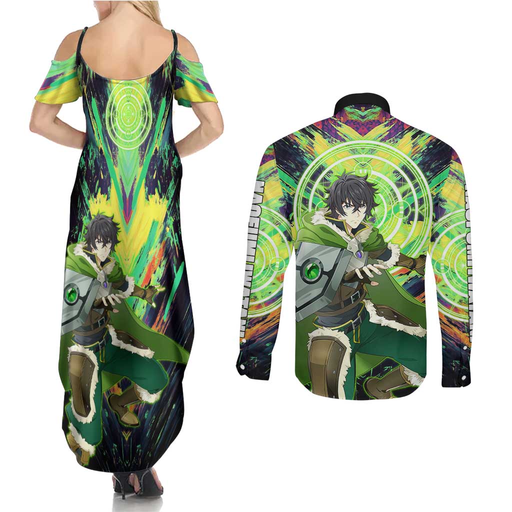 Naofumi The Rising of the Shield Hero Couples Matching Summer Maxi Dress and Long Sleeve Button Shirt with Dynamic Combat Pose and Energy Circles - The Mazicc