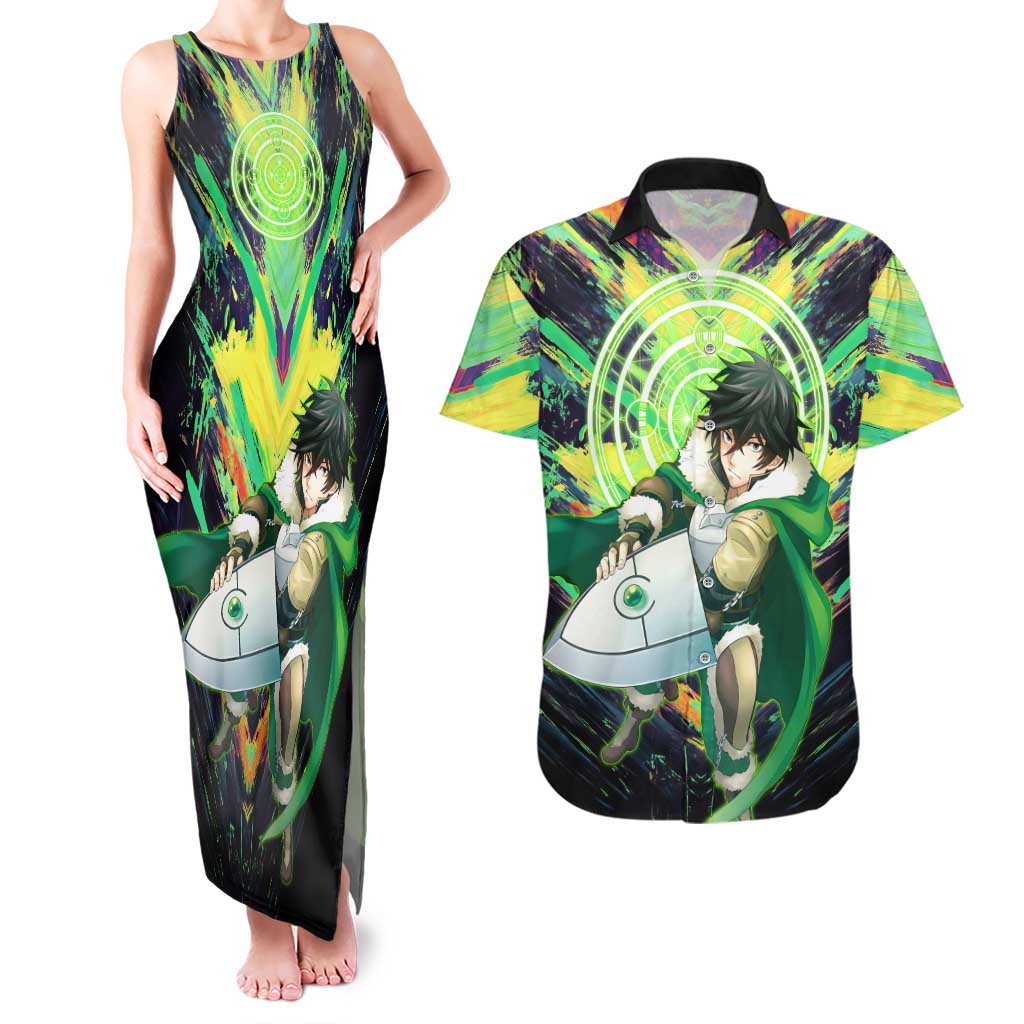Naofumi The Rising of the Shield Hero Couples Matching Tank Maxi Dress and Hawaiian Shirt with Dynamic Combat Pose and Energy Circles - The Mazicc