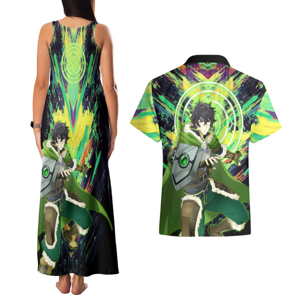 Naofumi The Rising of the Shield Hero Couples Matching Tank Maxi Dress and Hawaiian Shirt with Dynamic Combat Pose and Energy Circles - The Mazicc