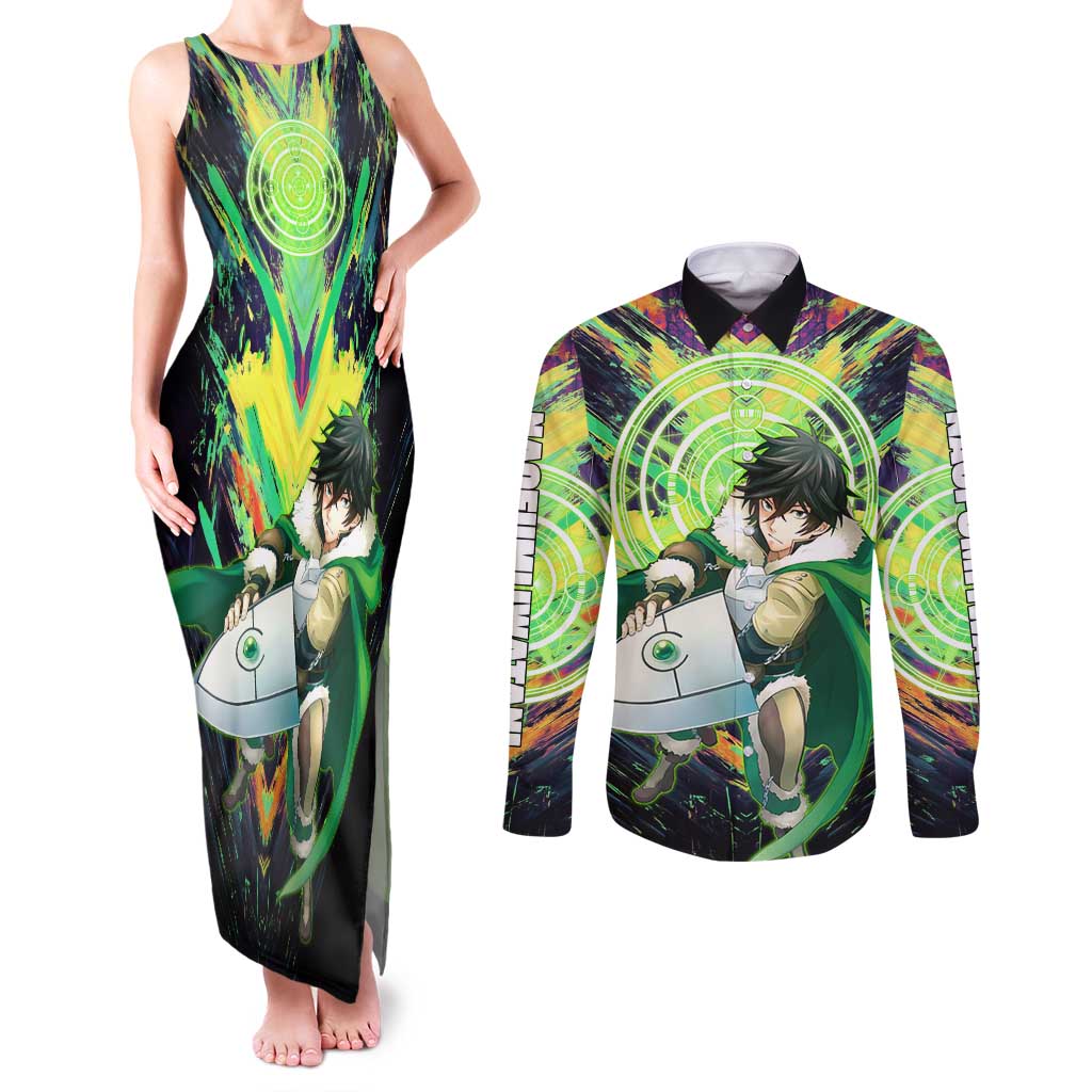 Naofumi The Rising of the Shield Hero Couples Matching Tank Maxi Dress and Long Sleeve Button Shirt with Dynamic Combat Pose and Energy Circles - The Mazicc