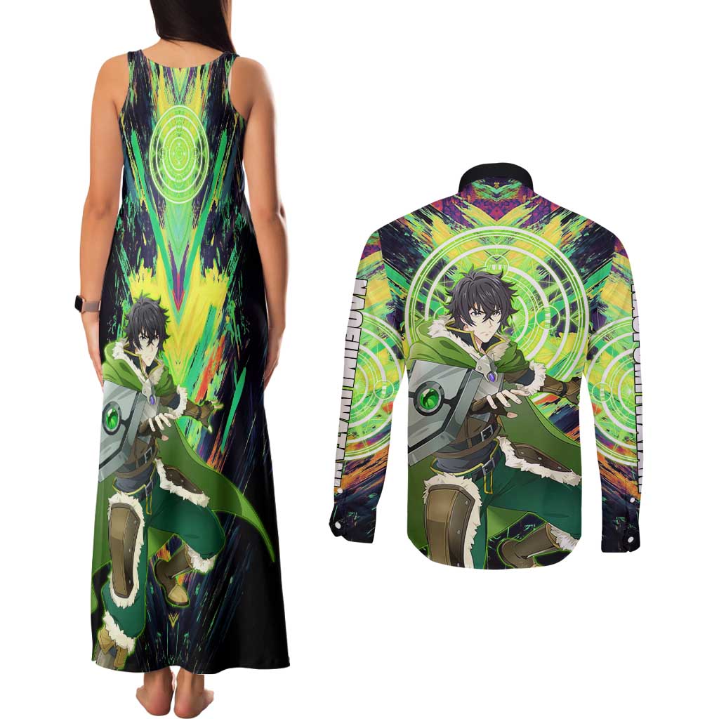 Naofumi The Rising of the Shield Hero Couples Matching Tank Maxi Dress and Long Sleeve Button Shirt with Dynamic Combat Pose and Energy Circles - The Mazicc