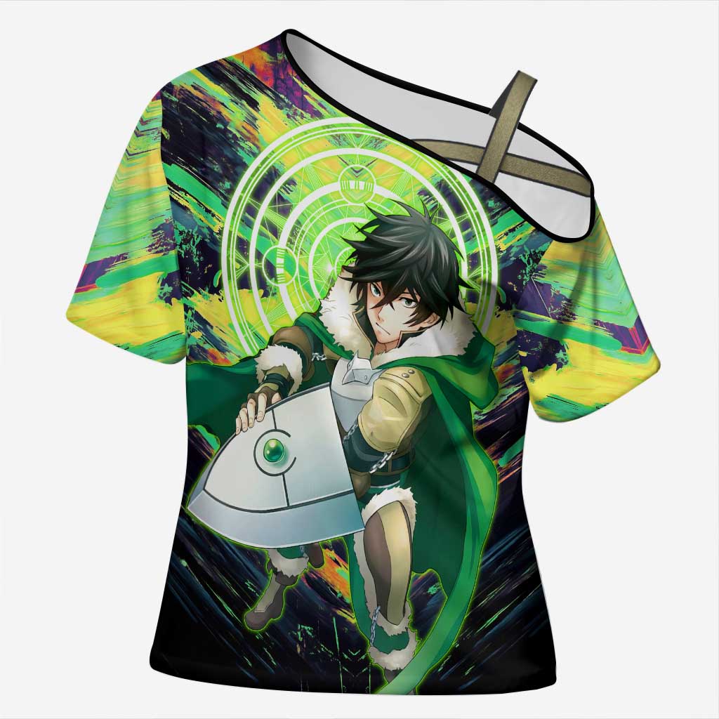 Naofumi The Rising of the Shield Hero Cross Shoulder Shirt with Dynamic Combat Pose and Energy Circles - The Mazicc