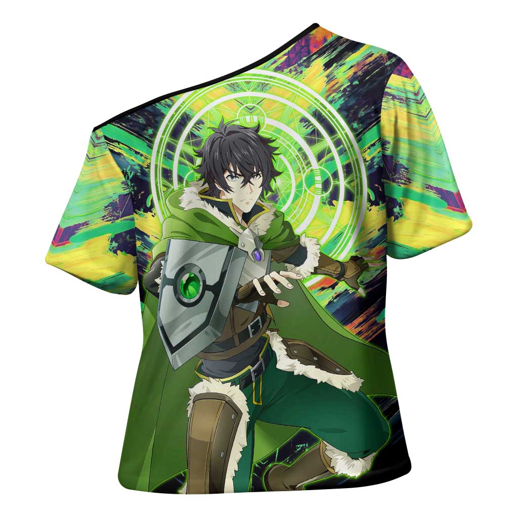 Naofumi The Rising of the Shield Hero Cross Shoulder Shirt with Dynamic Combat Pose and Energy Circles - The Mazicc