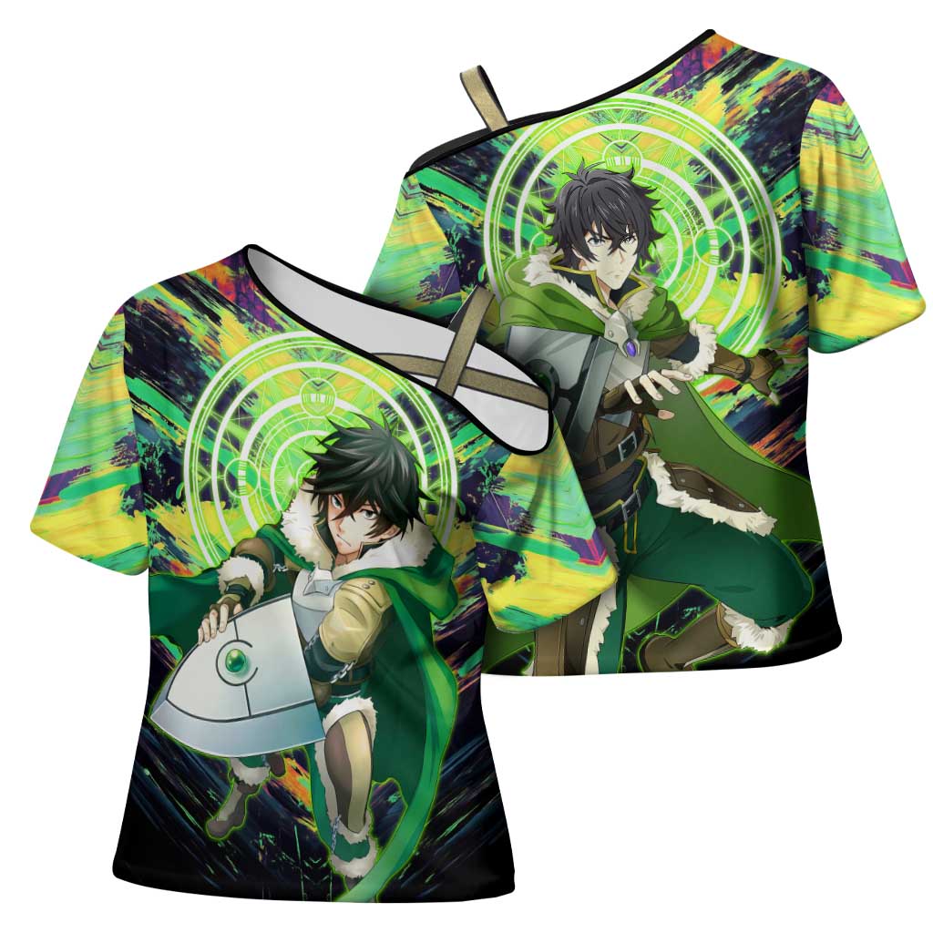 Naofumi The Rising of the Shield Hero Cross Shoulder Shirt with Dynamic Combat Pose and Energy Circles - The Mazicc