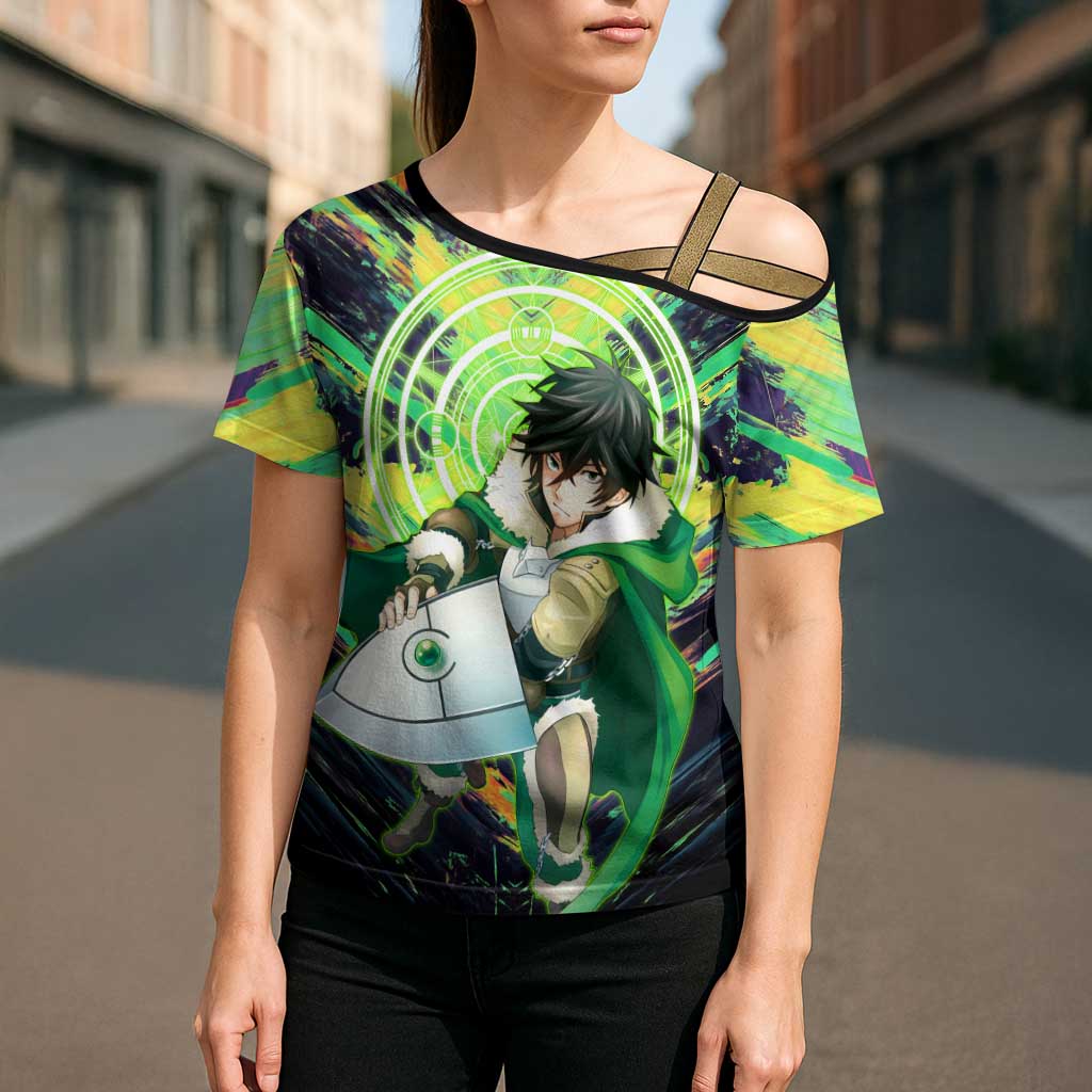 Naofumi The Rising of the Shield Hero Cross Shoulder Shirt with Dynamic Combat Pose and Energy Circles - The Mazicc
