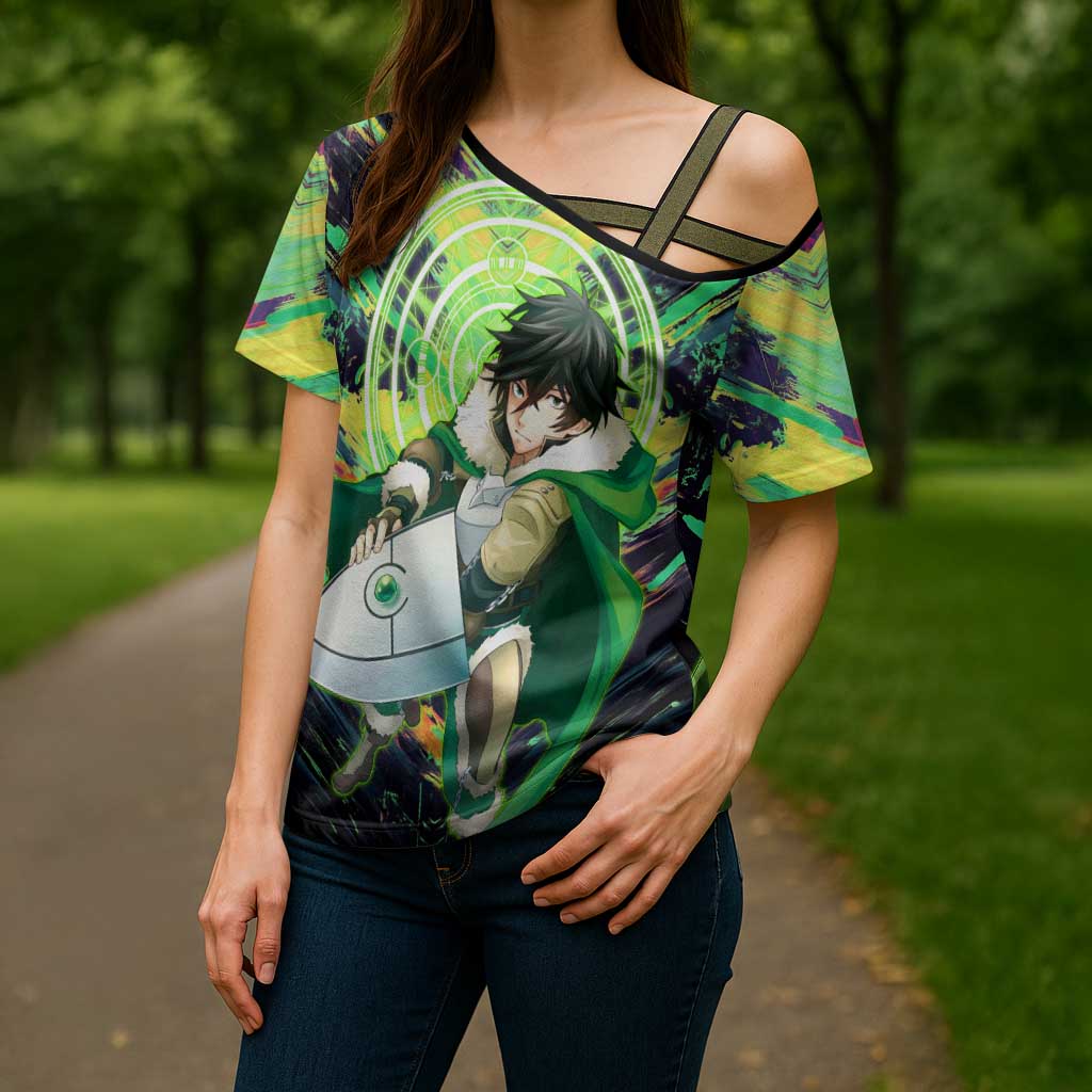 Naofumi The Rising of the Shield Hero Cross Shoulder Shirt with Dynamic Combat Pose and Energy Circles - The Mazicc