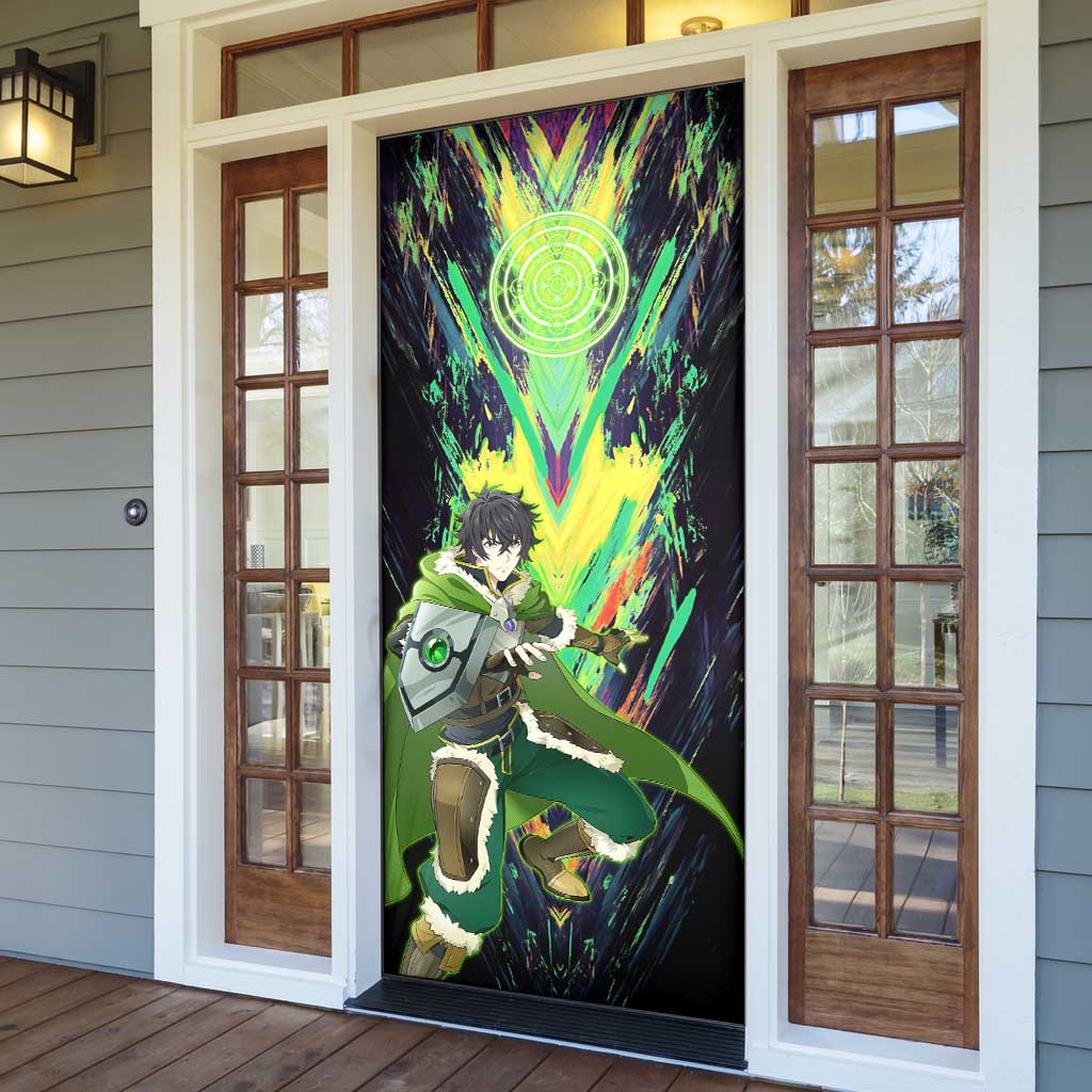 Naofumi The Rising of the Shield Hero Door Cover with Dynamic Combat Pose and Energy Circles - The Mazicc