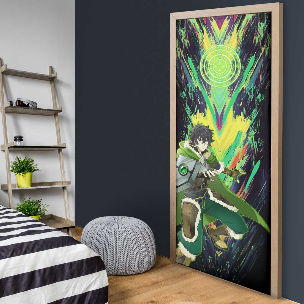 Naofumi The Rising of the Shield Hero Door Cover with Dynamic Combat Pose and Energy Circles - The Mazicc