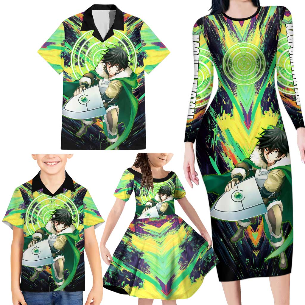 Naofumi The Rising of the Shield Hero Family Matching Long Sleeve Bodycon Dress and Hawaiian Shirt with Dynamic Combat Pose and Energy Circles