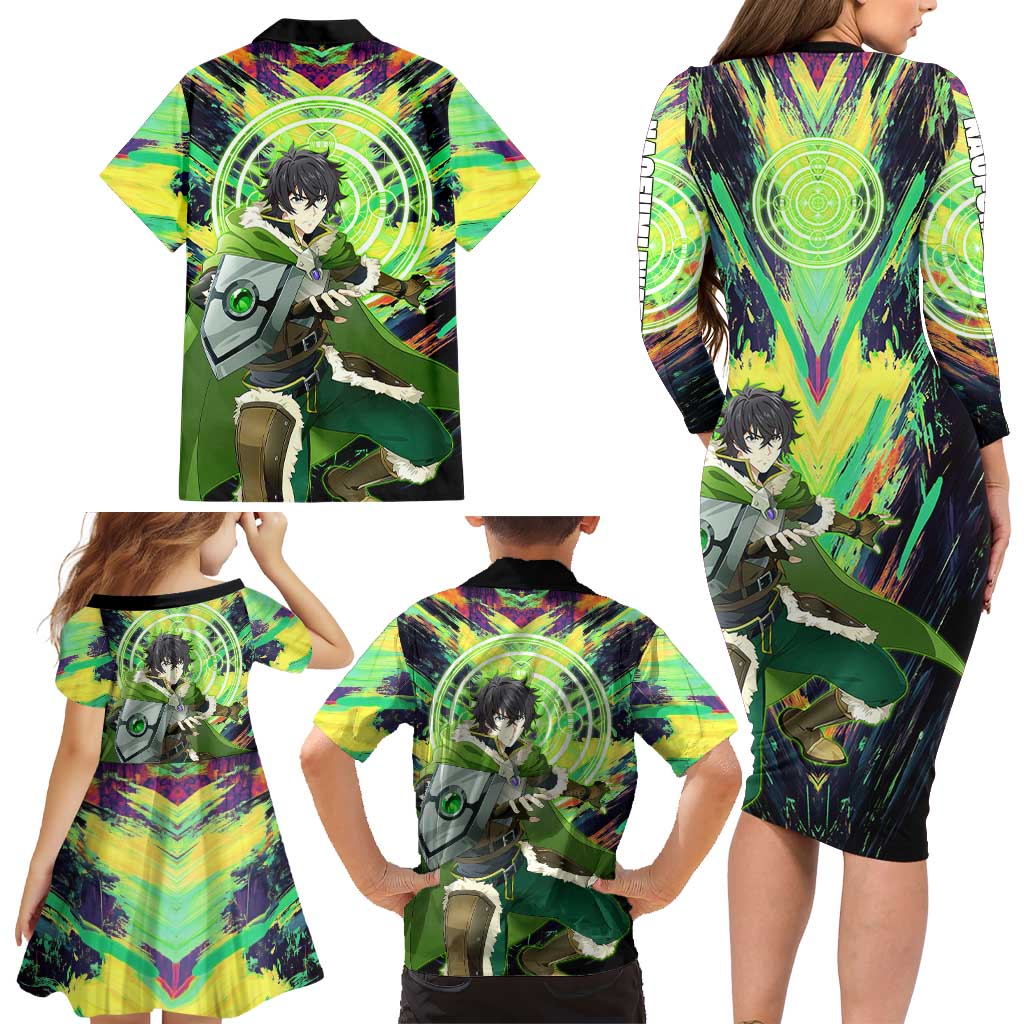 Naofumi The Rising of the Shield Hero Family Matching Long Sleeve Bodycon Dress and Hawaiian Shirt with Dynamic Combat Pose and Energy Circles