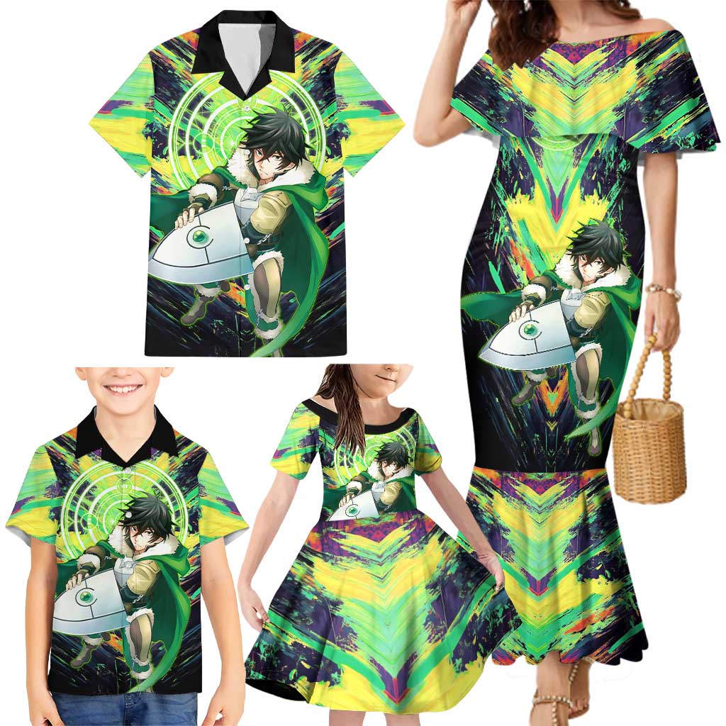 Naofumi The Rising of the Shield Hero Family Matching Mermaid Dress and Hawaiian Shirt with Dynamic Combat Pose and Energy Circles