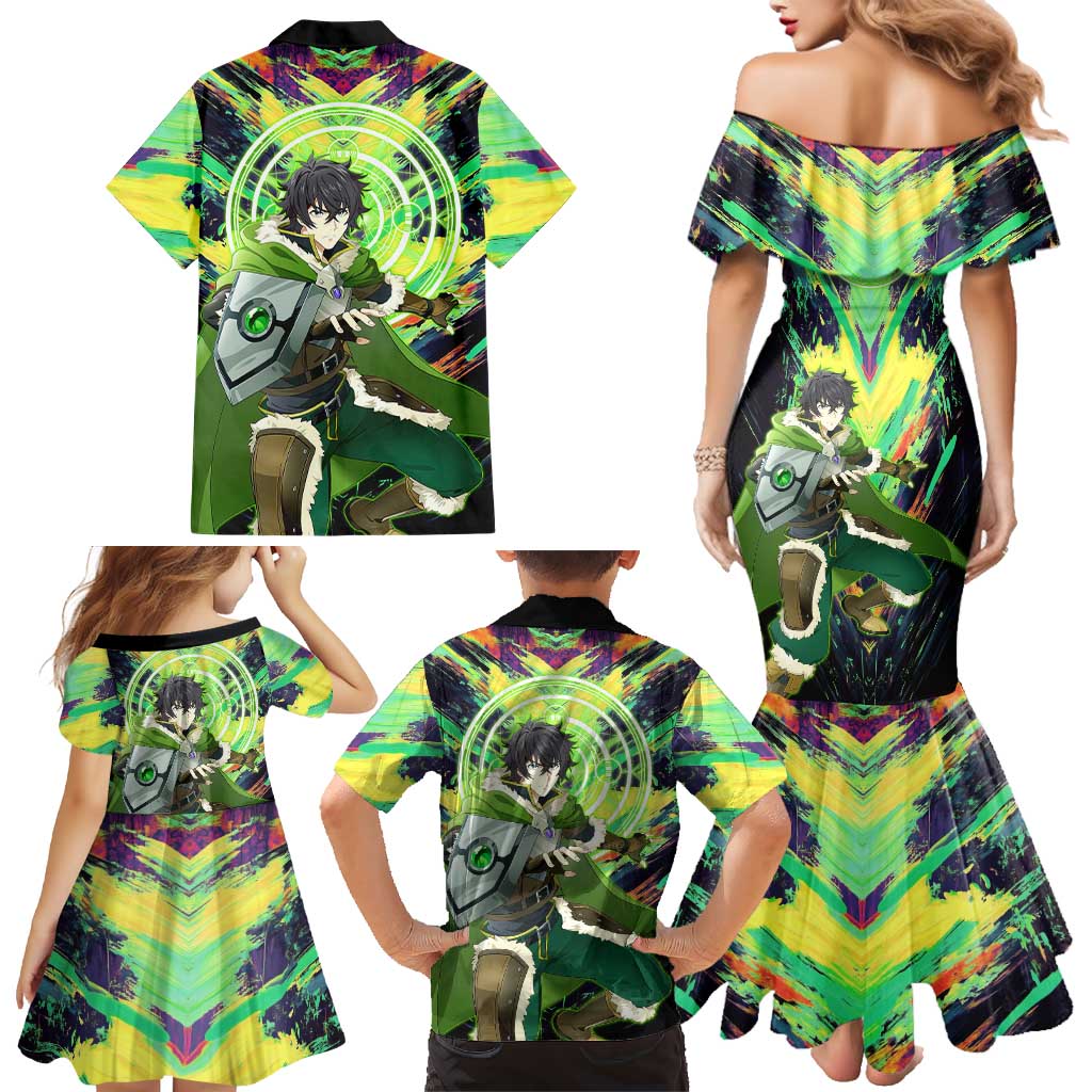 Naofumi The Rising of the Shield Hero Family Matching Mermaid Dress and Hawaiian Shirt with Dynamic Combat Pose and Energy Circles