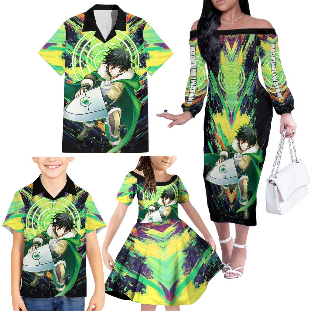 Naofumi The Rising of the Shield Hero Family Matching Off The Shoulder Long Sleeve Dress and Hawaiian Shirt with Dynamic Combat Pose and Energy Circles