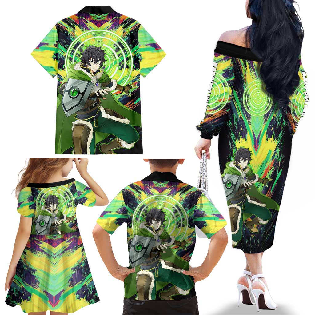 Naofumi The Rising of the Shield Hero Family Matching Off The Shoulder Long Sleeve Dress and Hawaiian Shirt with Dynamic Combat Pose and Energy Circles