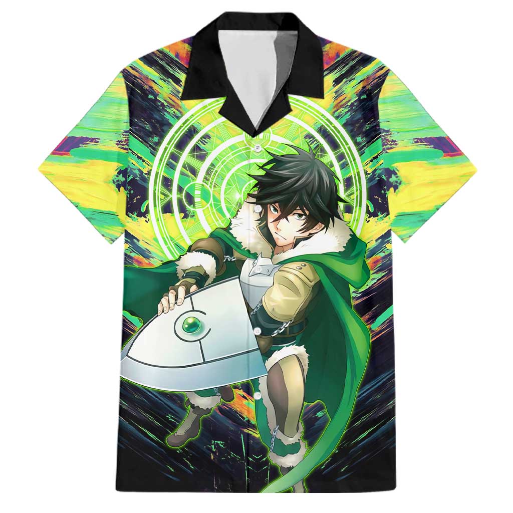 Naofumi The Rising of the Shield Hero Family Matching Off The Shoulder Long Sleeve Dress and Hawaiian Shirt with Dynamic Combat Pose and Energy Circles