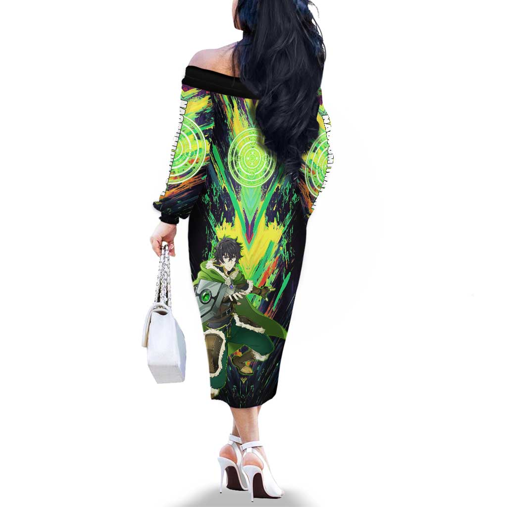 Naofumi The Rising of the Shield Hero Family Matching Off The Shoulder Long Sleeve Dress and Hawaiian Shirt with Dynamic Combat Pose and Energy Circles