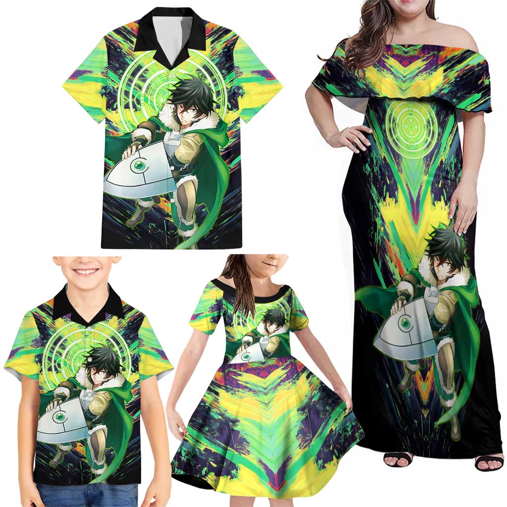 Naofumi The Rising of the Shield Hero Family Matching Off Shoulder Maxi Dress and Hawaiian Shirt with Dynamic Combat Pose and Energy Circles