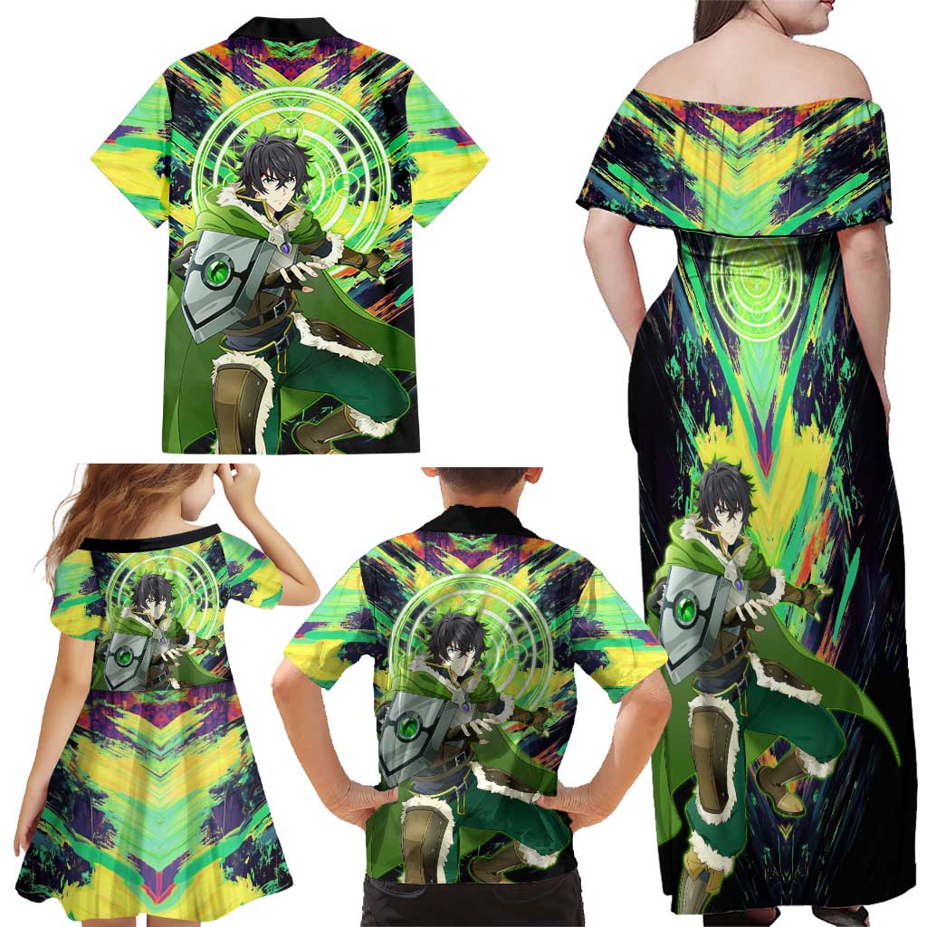 Naofumi The Rising of the Shield Hero Family Matching Off Shoulder Maxi Dress and Hawaiian Shirt with Dynamic Combat Pose and Energy Circles