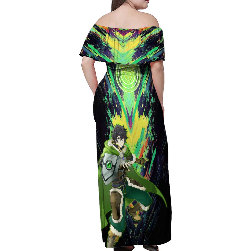 Naofumi The Rising of the Shield Hero Family Matching Off Shoulder Maxi Dress and Hawaiian Shirt with Dynamic Combat Pose and Energy Circles