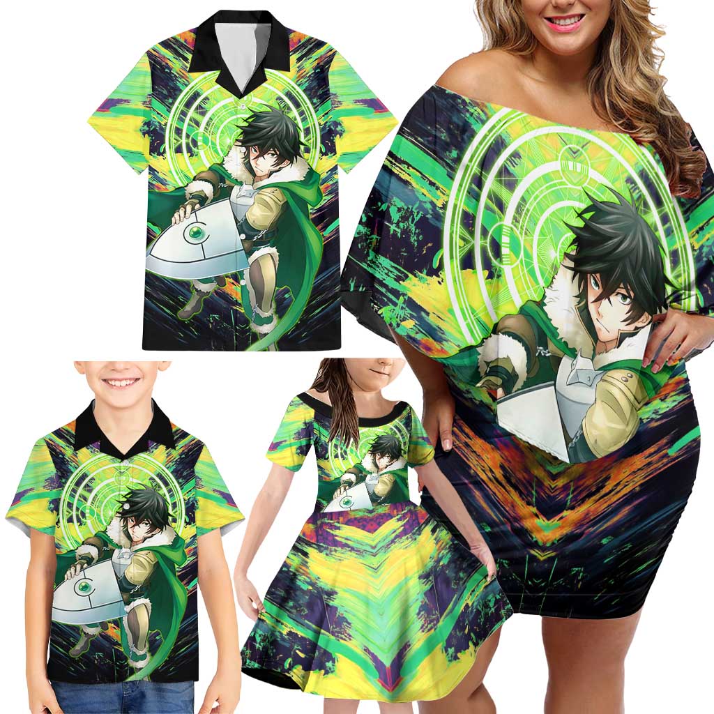 Naofumi The Rising of the Shield Hero Family Matching Off Shoulder Short Dress and Hawaiian Shirt with Dynamic Combat Pose and Energy Circles