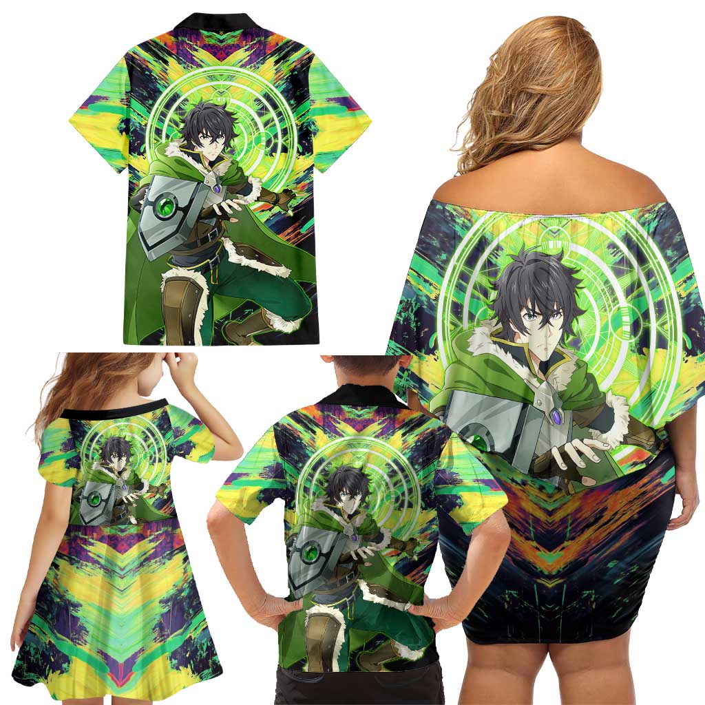 Naofumi The Rising of the Shield Hero Family Matching Off Shoulder Short Dress and Hawaiian Shirt with Dynamic Combat Pose and Energy Circles