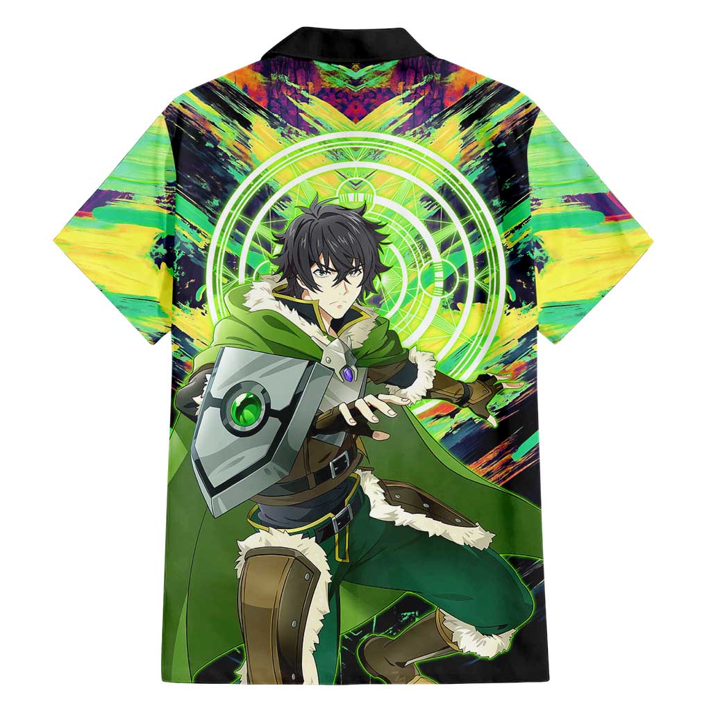 Naofumi The Rising of the Shield Hero Family Matching Off Shoulder Short Dress and Hawaiian Shirt with Dynamic Combat Pose and Energy Circles