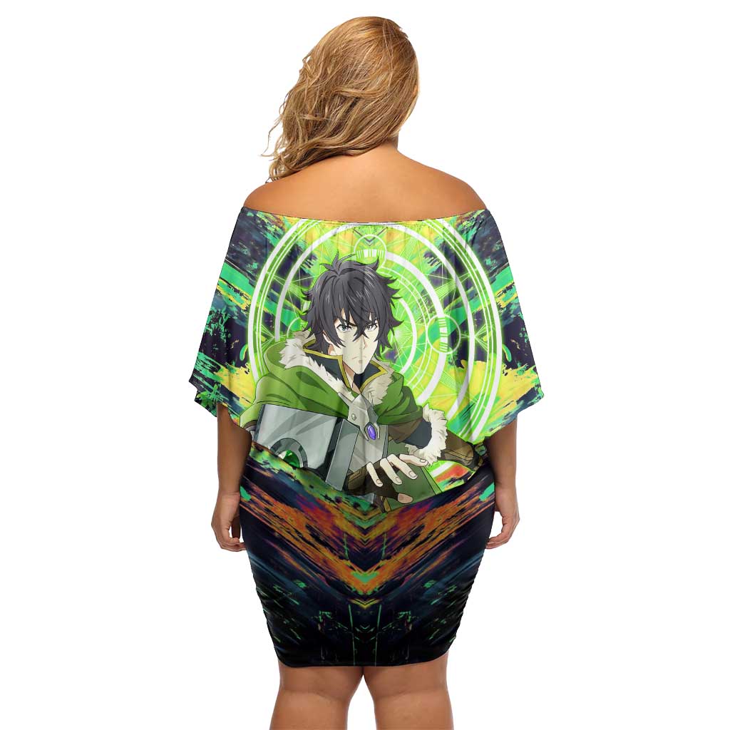 Naofumi The Rising of the Shield Hero Family Matching Off Shoulder Short Dress and Hawaiian Shirt with Dynamic Combat Pose and Energy Circles