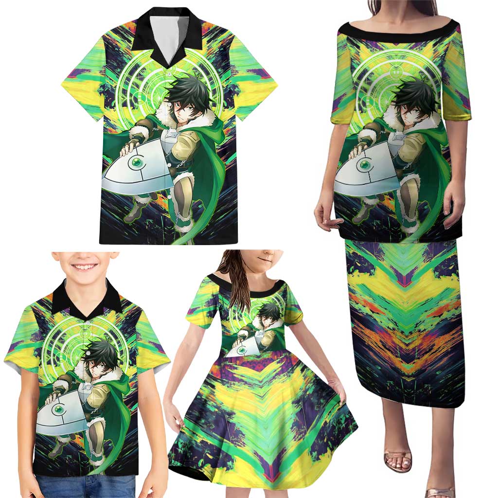 Naofumi The Rising of the Shield Hero Family Matching Puletasi and Hawaiian Shirt with Dynamic Combat Pose and Energy Circles