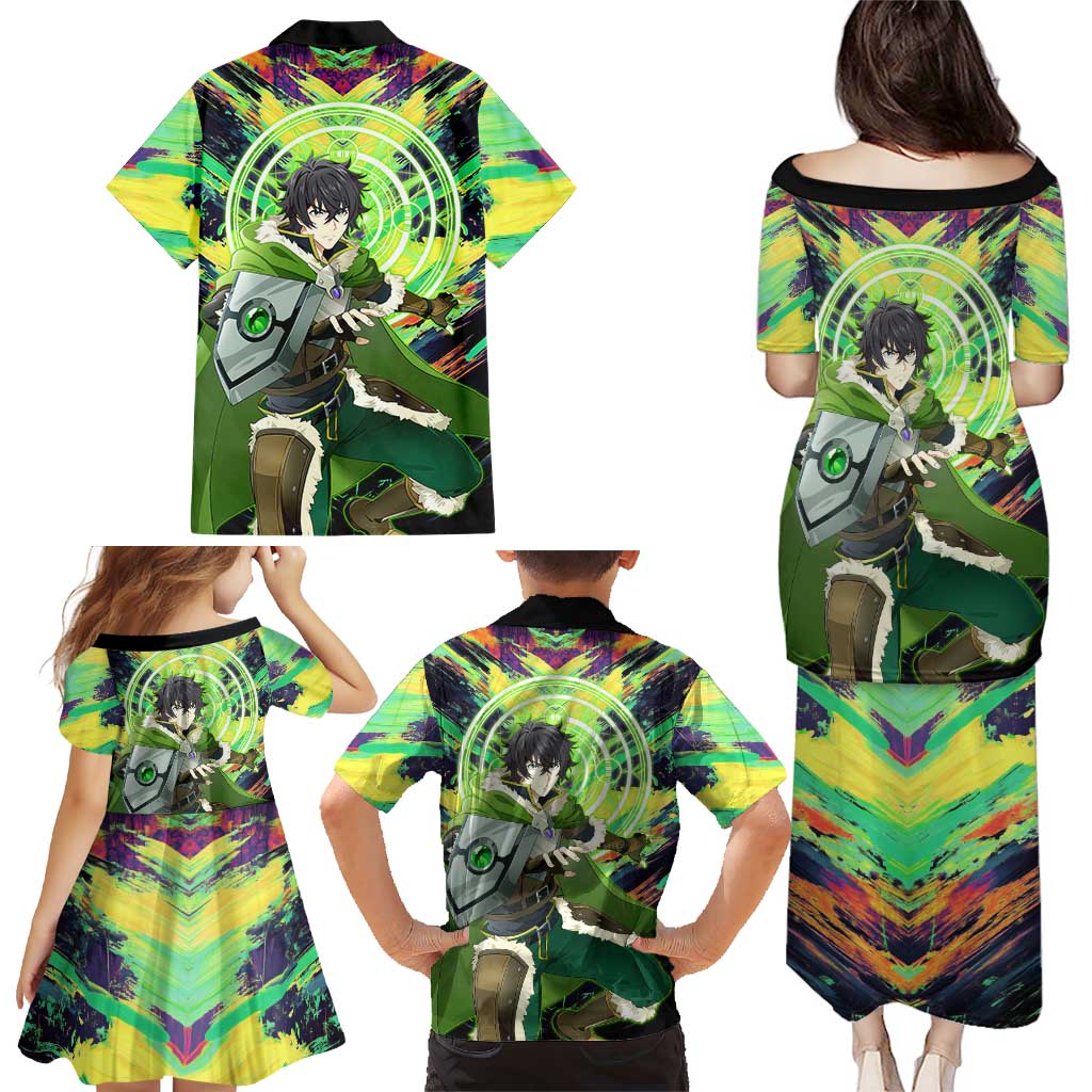 Naofumi The Rising of the Shield Hero Family Matching Puletasi and Hawaiian Shirt with Dynamic Combat Pose and Energy Circles