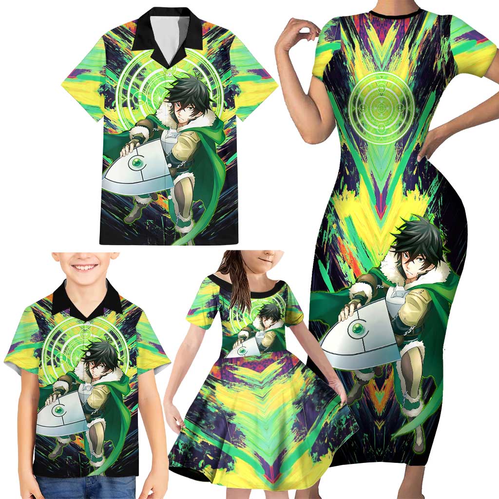 Naofumi The Rising of the Shield Hero Family Matching Short Sleeve Bodycon Dress and Hawaiian Shirt with Dynamic Combat Pose and Energy Circles