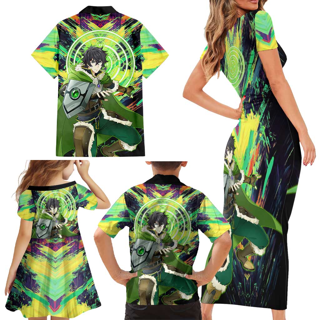 Naofumi The Rising of the Shield Hero Family Matching Short Sleeve Bodycon Dress and Hawaiian Shirt with Dynamic Combat Pose and Energy Circles