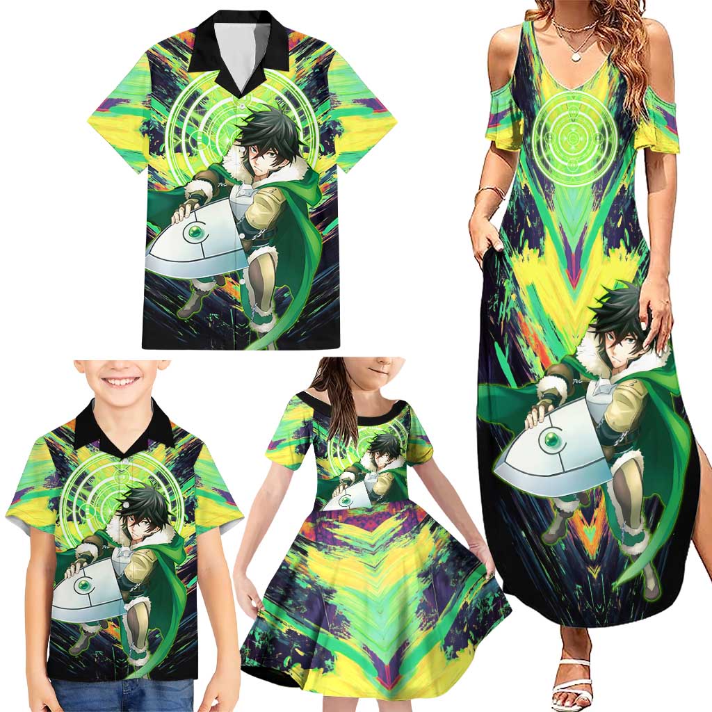 Naofumi The Rising of the Shield Hero Family Matching Summer Maxi Dress and Hawaiian Shirt with Dynamic Combat Pose and Energy Circles