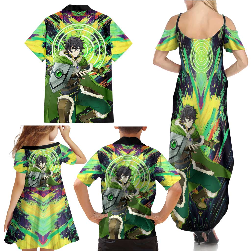 Naofumi The Rising of the Shield Hero Family Matching Summer Maxi Dress and Hawaiian Shirt with Dynamic Combat Pose and Energy Circles